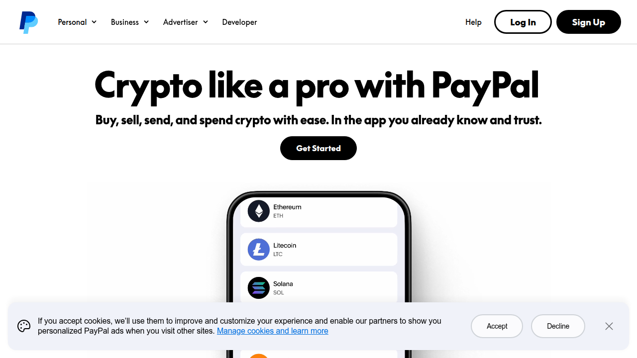 A screenshot of PayPal's dedicated crypto section, demonstrating the user-friendly interface for buying digital currencies.