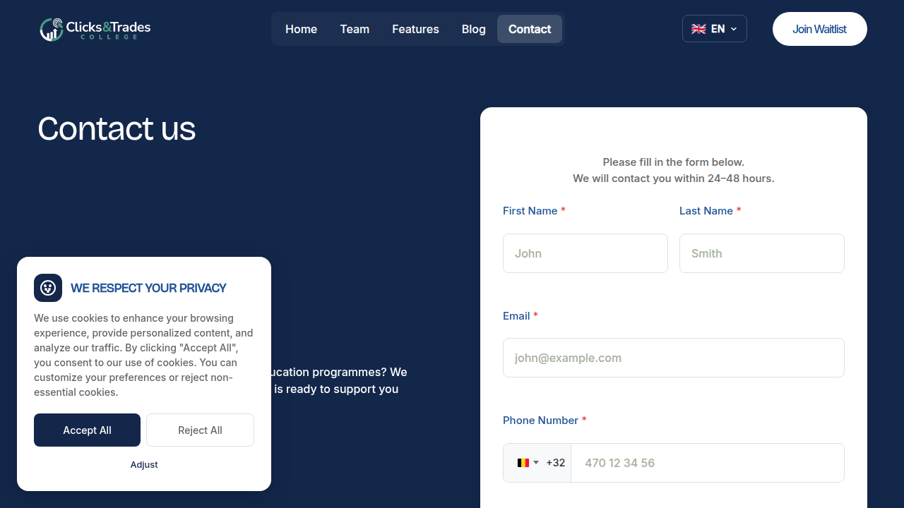Screenshot of the Clicks and Trades newsletter signup page, offering calm guidance for beginners.