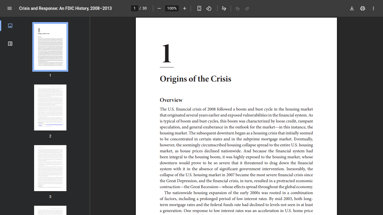Screenshot of an FDIC.gov page discussing the 2008 financial crisis, highlighting historical market instability.