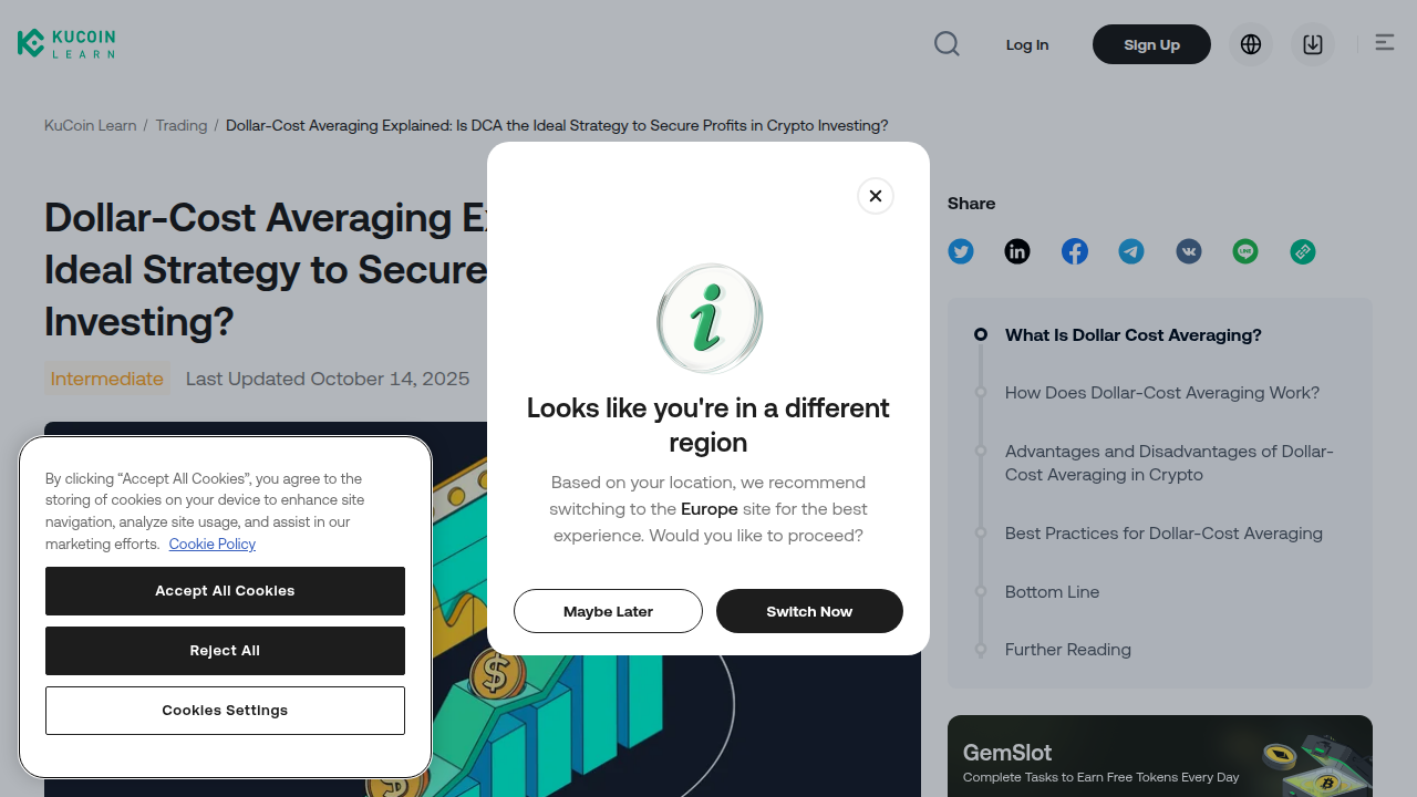 Screenshot of a KuCoin article explaining Dollar-Cost Averaging (DCA) as a strategy to manage risk.
