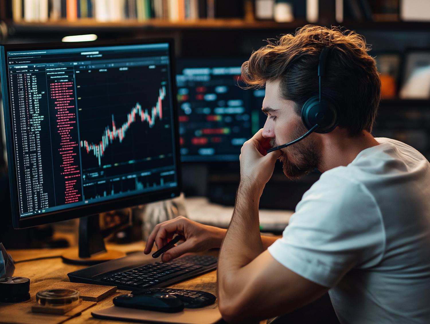 A person calmly reviewing data and making confident decisions, symbolizing the effectiveness of using AI signals with clear decision frameworks to reduce stress in trading.