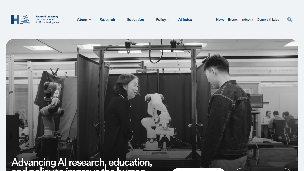 The Stanford Institute for Human-Centered Artificial Intelligence (HAI) homepage, providing research and insights into the growing influence of AI across various sectors, including finance.