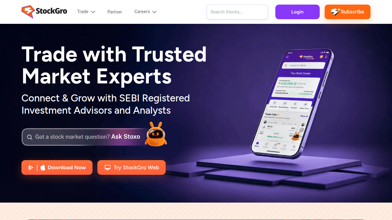 The homepage of StockGro, a platform highlighted for its beginner-friendly resources in AI stock trading and features like backtesting to practice strategies without risk.