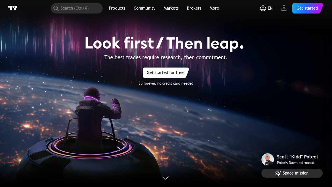 The homepage of TradingView, a widely used platform where traders can access charts, indicators, and a community to confirm trading signals and make more informed decisions.