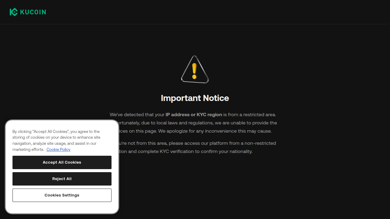 The homepage of KuCoin, a cryptocurrency exchange mentioned in the article as an example of a platform that might host powerful AI models and offer various pricing plans.