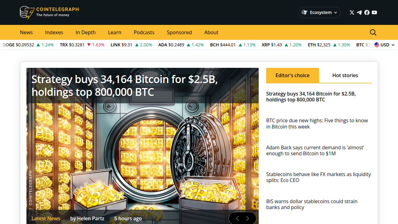 CoinTelegraph provides breaking news, expert analysis, and market insights on Bitcoin, Ethereum, and other cryptocurrencies.