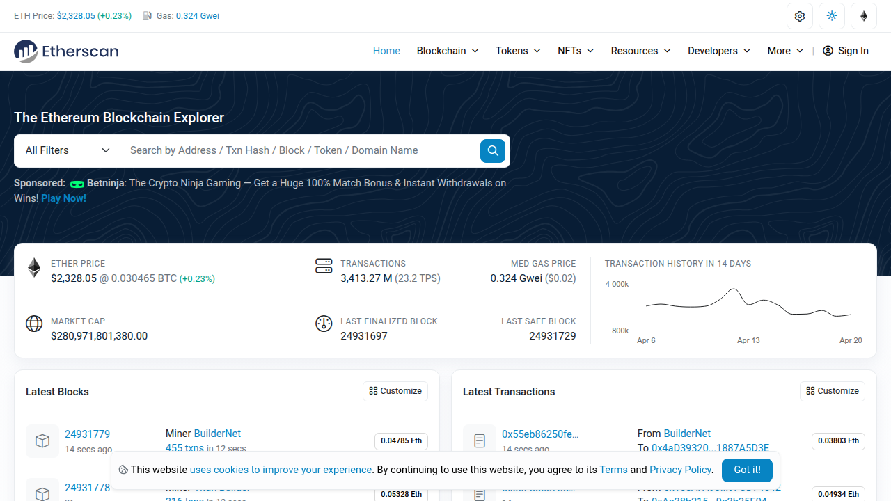 A screenshot of the Etherscan homepage, a blockchain explorer, showing the interface for searching and viewing details of Ethereum-based tokens and transactions.