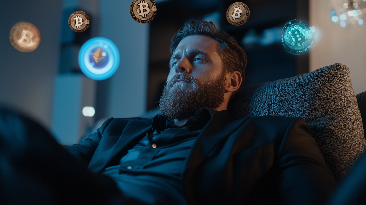 An individual maintaining composure and rational thought in a volatile crypto market, resisting the urge of FOMO.