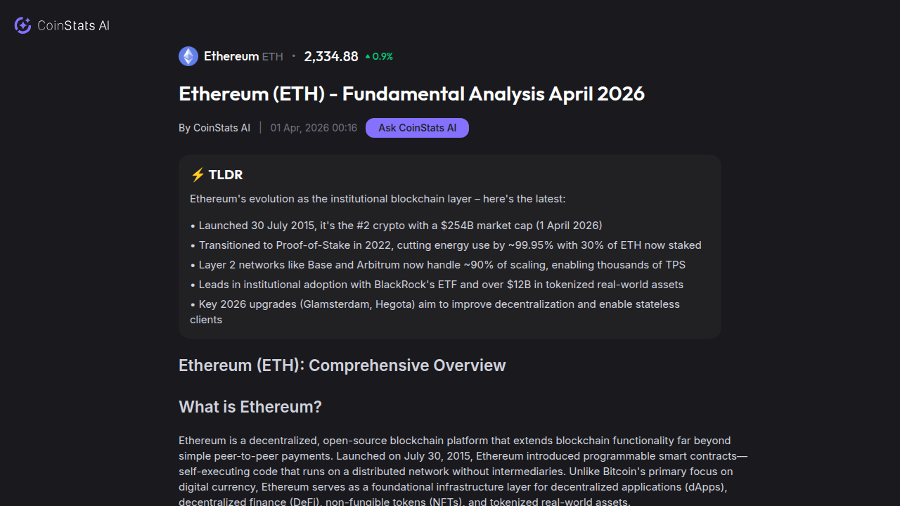 A view of CoinStats' fundamental analysis for Ethereum, showing key metrics like market capitalization and price trends.