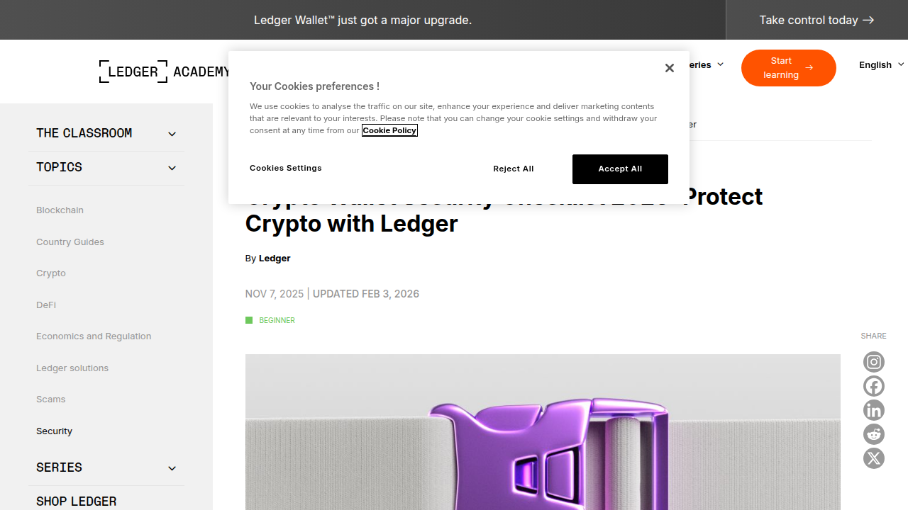A screenshot of Ledger's academy article on crypto wallet security, emphasizing best practices for protecting digital assets.