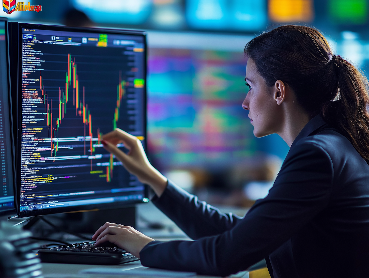 An individual thoughtfully observing market data on multiple screens, representing diligent research and analysis to filter out market noise.